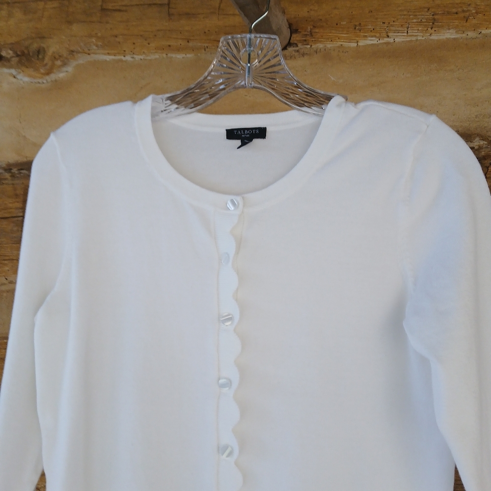 Talbots White Crew Neck Cotton Blend Cardigan SP - Picture 2 of 10